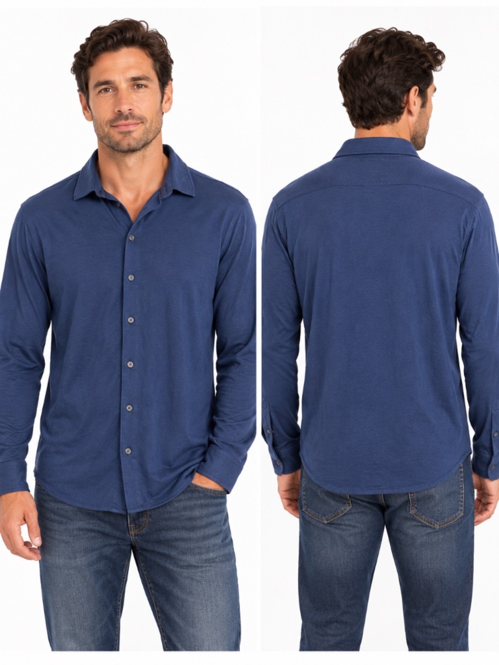 Murano Liquid Luxury long-sleeve button-up knit shirt in navy blue